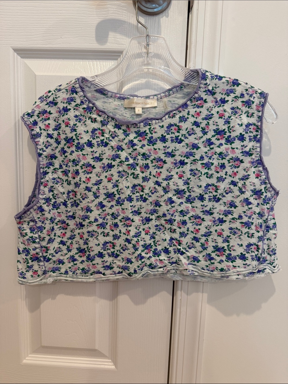 LoveShackFancy Floral Cropped Tank in White with Purple and Pink Flowers